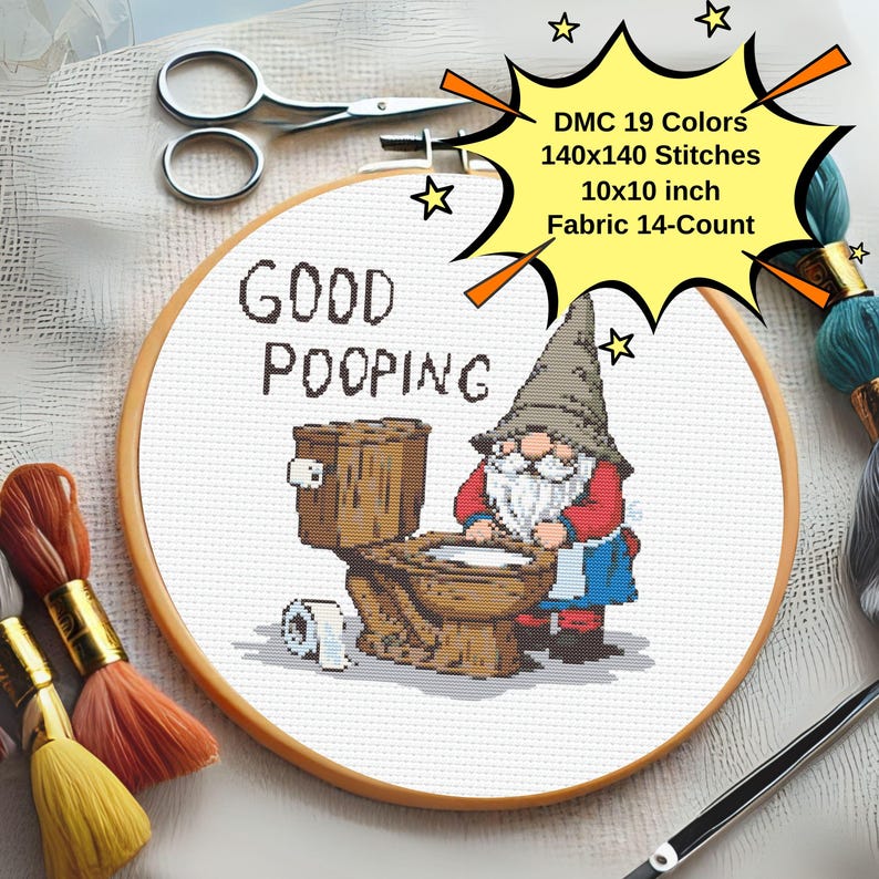 Good Pooping Gnome Cross Stitch Pattern - Downloadable Digital Printed ...