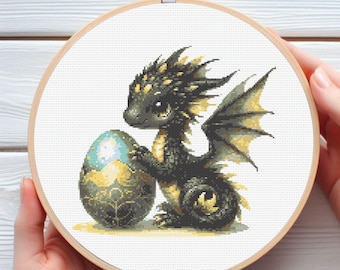 Baby Dragon and Egg Cross Stitch Pattern: Mythical Creature Art (PDF)