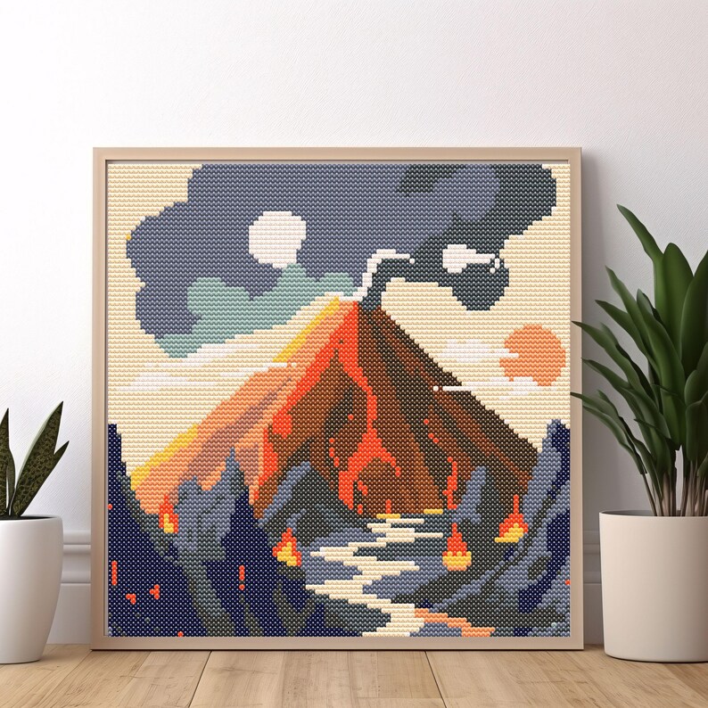Volcano Eruption Landscape Cross Stitch Pattern - Downloadable Digital ...