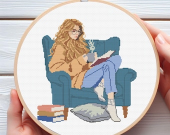 Reading Girl Cross Stitch Pattern | Book Lover PDF | Modern Hygge Armchair Embroidery