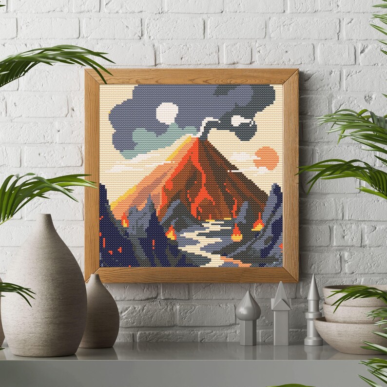 Volcano Eruption Landscape Cross Stitch Pattern - Downloadable Digital ...