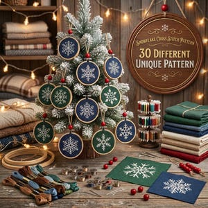 Paquete de 30 patrones de punto de cruz de copos de nieve / Conjunto de PDF de mini adornos de invierno de 45x45