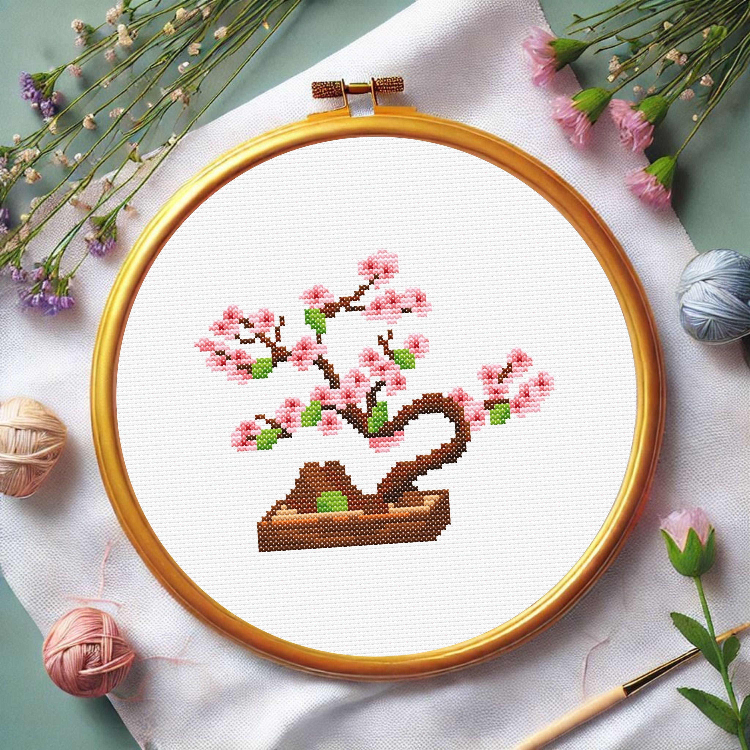 Cherry Blossom Bonsai Cross Stitch Pattern | 70x68 Stitches | 14