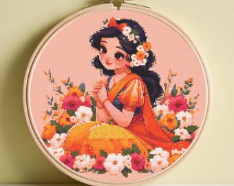 Prinzessin Schneewittchen Kreuzstichmuster. Florales Design. Herunterladbares gedrucktes digitales PDF