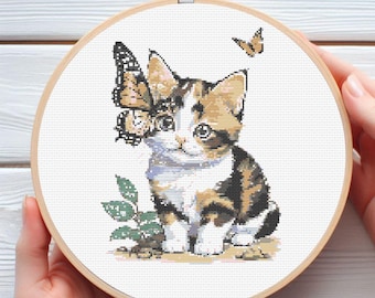 Cat and Butterfly Cross Stitch Pattern: 13 Colors (PDF Pattern)