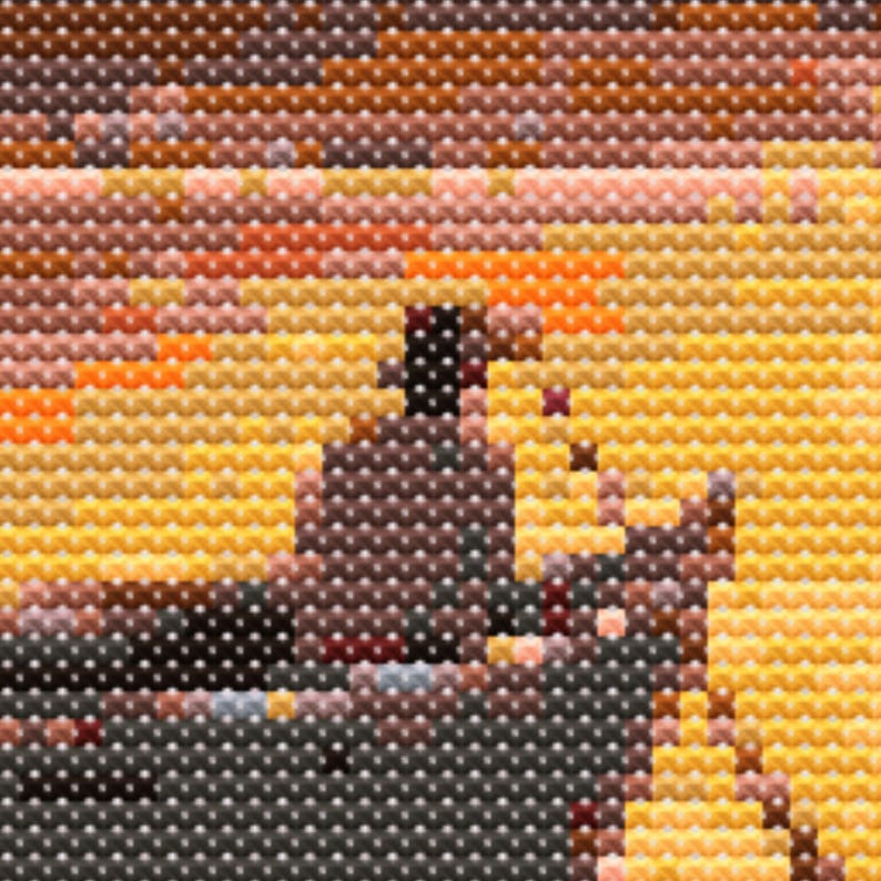 K&ouml;nnte beinhalten: Abstrakte Malerei mit einem Mosaik aus braunen, orangen, gelben und wei&szlig;en Farben. Das Gem&auml;lde hat eine strukturierte, pixelige Optik.