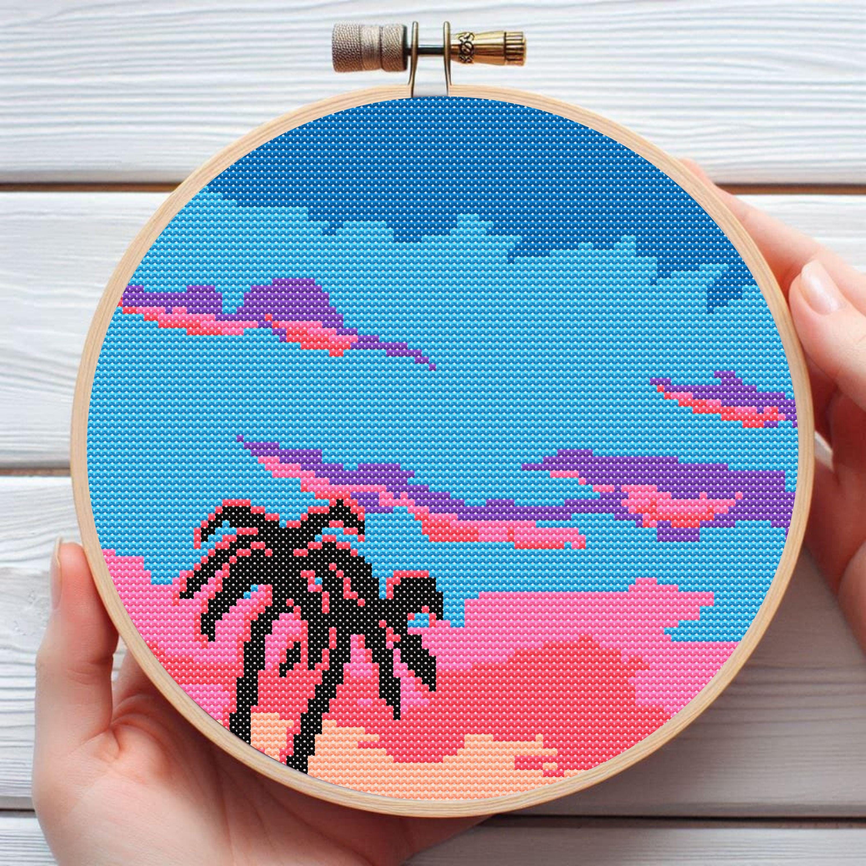 Neon Sunset Landscape Cross Stitch Pattern - Downloadable Digital