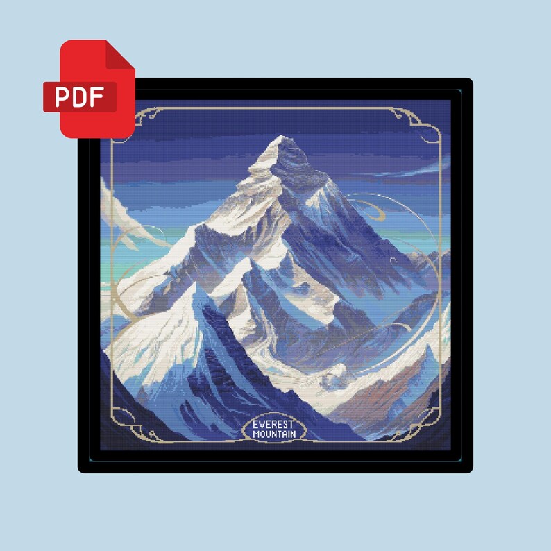 May include: A framed illustration of Mount Everest, a snow-capped mountain range with a blue sky and white clouds in the background. The text "EVEREST MOUNTAIN" is at the bottom of the image.