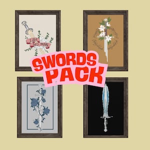 Op de afbeelding: Een set van vier ingelijste kruissteekpatronen met zwaarden met bloemmotieven. De patronen zijn getiteld "Swords Pack".