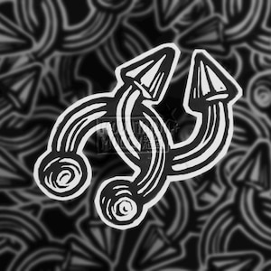 May include: A black and white graphic illustration of a circular barbell body jewellery piece. The design features two curved bars that intersect, each ending in a pointed cone-shaped bead on one side and a rounded ball bead on the other.