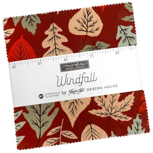May include: A stack of square fabric pieces with pinked edges, featuring a pattern of leaves in red, beige, and sage green on a dark red background. A white paper band wraps around the center, showing a ruler from 4 to 8 inches and the text Windfall.