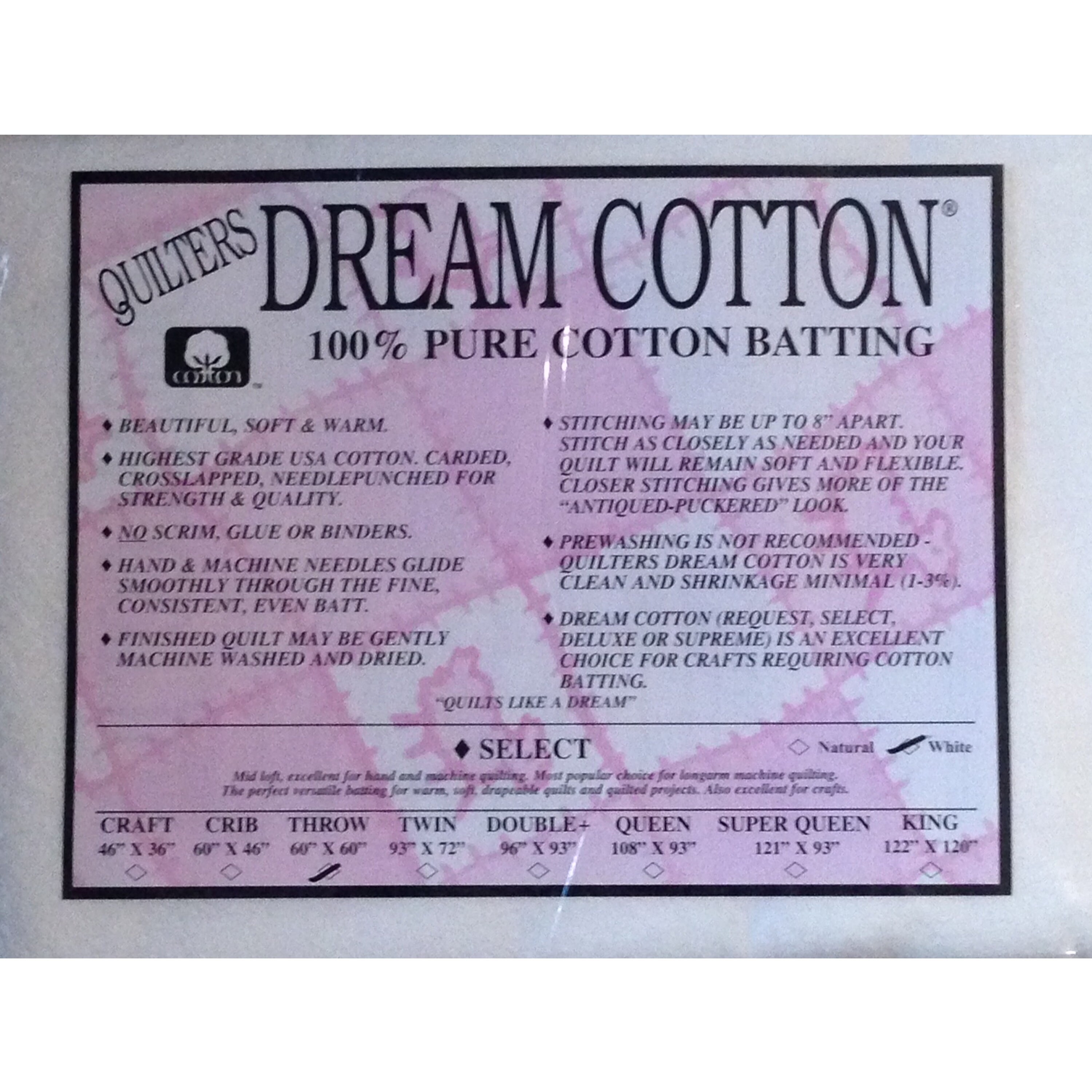 Quilters Dream Cotton, Batting, Deluxe, Double 96 X 93 