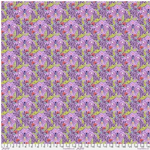 May include: A repeating pattern of butterflies, leaves, and flowers on a lavender background. The butterflies have purple wings and yellow bodies. The leaves are green and the flowers are red. The fabric is measured in inches.