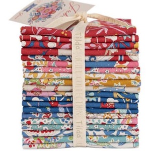 May include: A stack of 18 fabric squares with a variety of floral and paisley patterns in shades of red, blue, pink, and yellow. The fabric squares are tied together with a white ribbon and a tag that reads "Tilda"