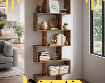 S Shaped Bookshelf | 6 Tier Geometric Bookcase | Modern Display Shelf | Room Divider Storage Organizer