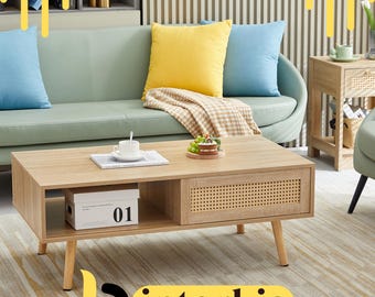 Rattan Coffee Table with Storage | Sliding Door, Solid Wood Legs