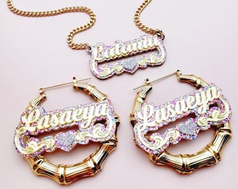 Name plate necklace and earrings set, bamboo earrings set, kids and adults jewelry, colorful nameplate necklace personalized acrylic jewelry