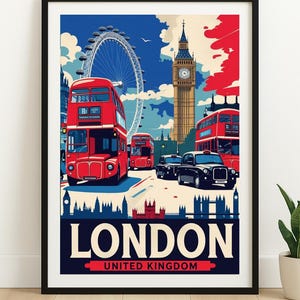 London UK Cityscape Wall Art Print – Red Buses, Big Ben & London Eye – Vintage Style Digital Download Travel Poster Home Décor