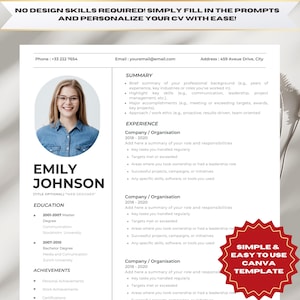 May include: A resume template with a photo of a woman, the text "Emily Johnson" and the title "Web Designer". The template includes sections for education, achievements, summary, and experience. The template is designed to be easy to use and personalize.