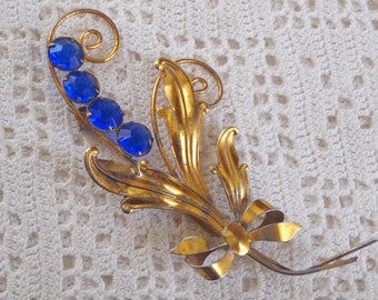 Vintage Brooch Blue Rhinestones Gold Wash Sterling Silver