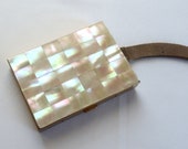 Vintage Mother of Pearl Compact Purse Mesh Strap Handle Minaudiere Carryall