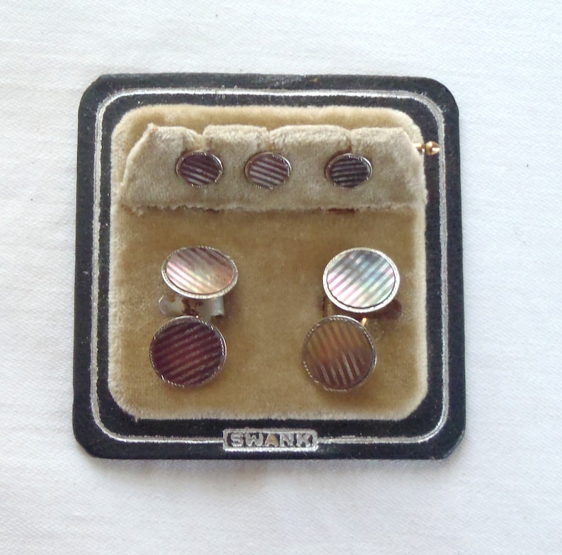 Vintage Swank Gold Plate Cuff Link Shirt Stud Tuxedo Set Mother of Pearl Abalone