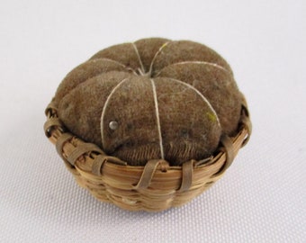 Vintage Woven Sweet Grass Velvet Pincushion Basket