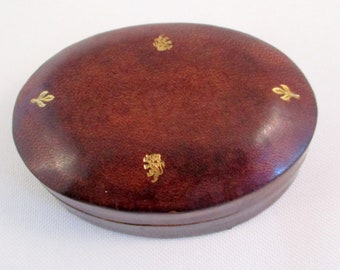 Vintage Oval Brown Leather Box Gilt Design Leather School, Florence, Italy