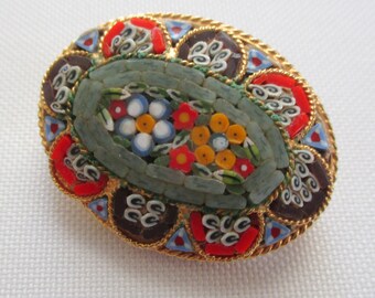 Vintage Brooch Oval Mosaic Floral Design