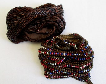 Vintage Beaded Trim Brown and Multi Color Beads Two Pieces