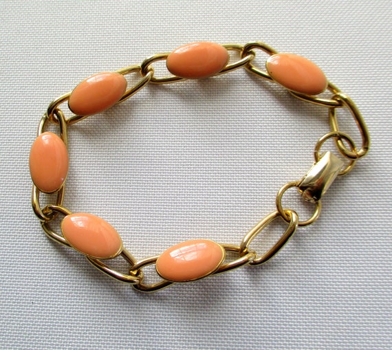 Vintage Coro Gold Tone Oval Link Bracelet Peach/P… - image 1