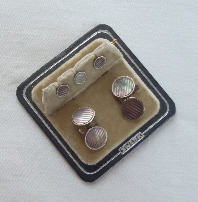 Vintage Swank Gold Plate Cuff Link Shirt Stud Tuxedo Set Mother of Pearl Abalone