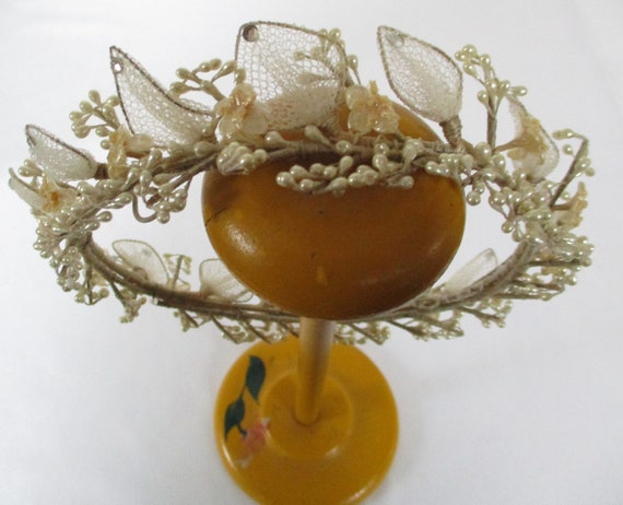 Vintage Bridal Headpiece Wax Flowers Net Leaves W… - image 3