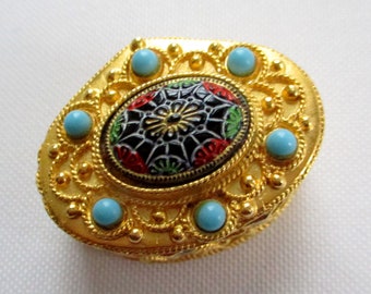 Vintage Florenza Pill Box Faux Turquoise and Multicolored Cabochon
