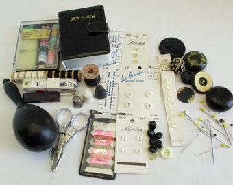 Vintage Assortment of Black and White Sewing Notions