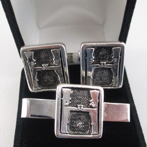 Vintage Silver Tone Cuff Links and Tie Clip Featuring Men in Formal Dress