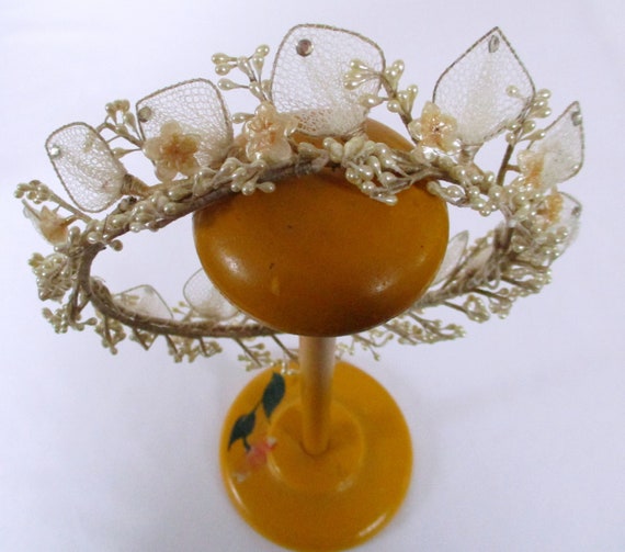 Vintage Bridal Headpiece Wax Flowers Net Leaves W… - image 2