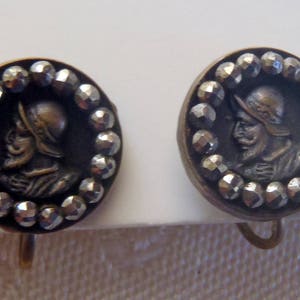 Vintage Cut Steel Button Earrings Soldier Design Screw Backs