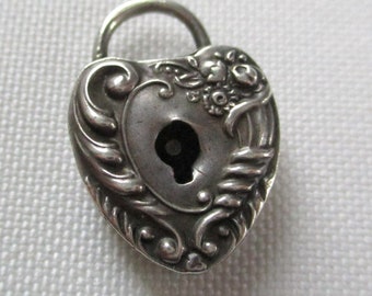 Vintage Sterling Silver Repousse Heart Padlock Charm No Key