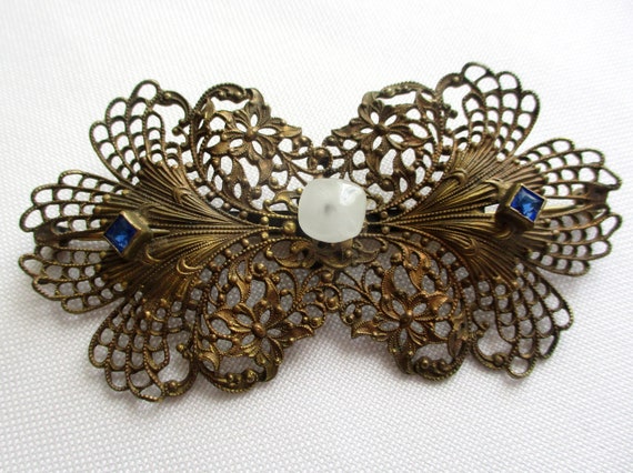 Vintage Filigree Brooch White and Blue Stones - image 1