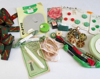 Vintage Assortment of Green and Red Sewing Notions