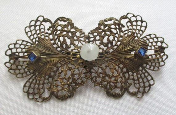 Vintage Filigree Brooch White and Blue Stones - image 9