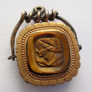 Vintage Double Sided Swivel Pocket Watch Fob Carved Tiger Eye and Carnelian