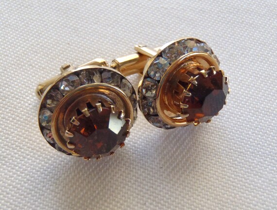 Vintage Cuff Links Topaz and Clear Rhinestones Go… - image 2