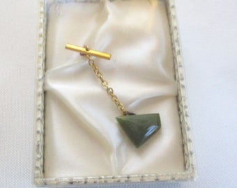 Vintage Gold Tone Tie Tack Green Stone Original Box