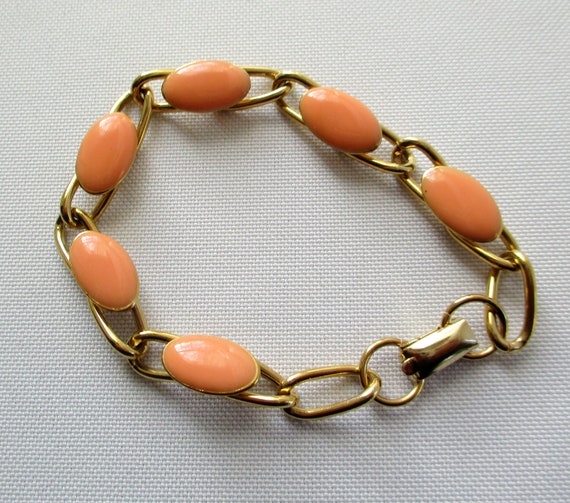 Vintage Coro Gold Tone Oval Link Bracelet Peach/P… - image 2