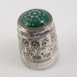 Vintage Birmingham Sterling Silver Thimble Green Glass Top Engraved Floral Design