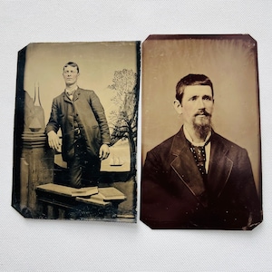 Vintage Tintypes of Man Leaning on a Post and Man with Serious Look
