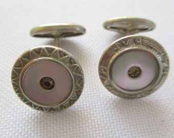 Vintage Mother of Pearl and Rhinestone Fixed Back Cuff Links