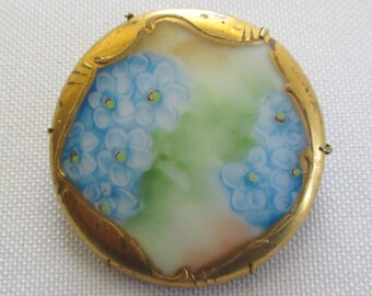 Broche no me olvides de porcelana redonda victoriana vintage